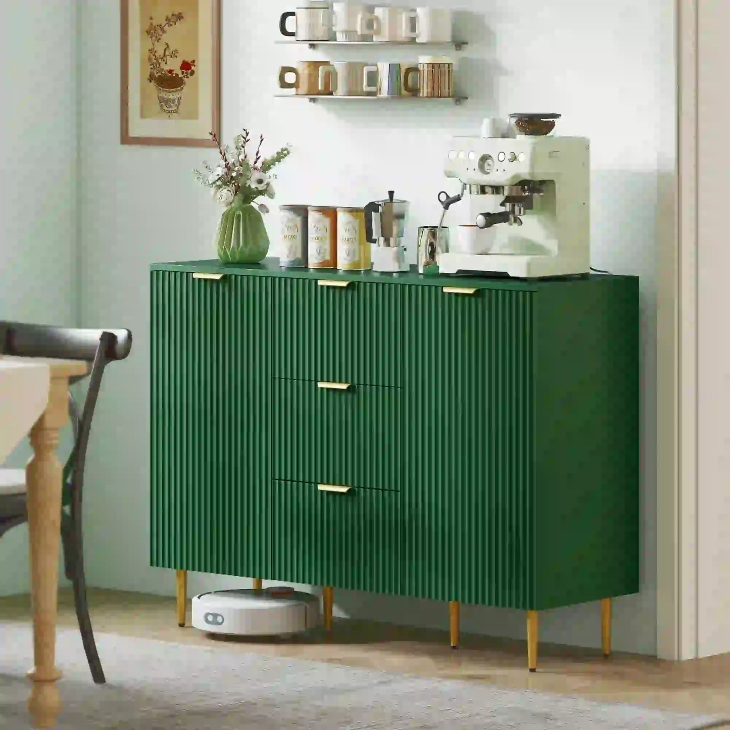 Modern Kitchen Storage Cabinet, Sideboard Buffet, 3 Drawers, Adjustable Shelves, Green Bar Cabinets at Gallery Canada