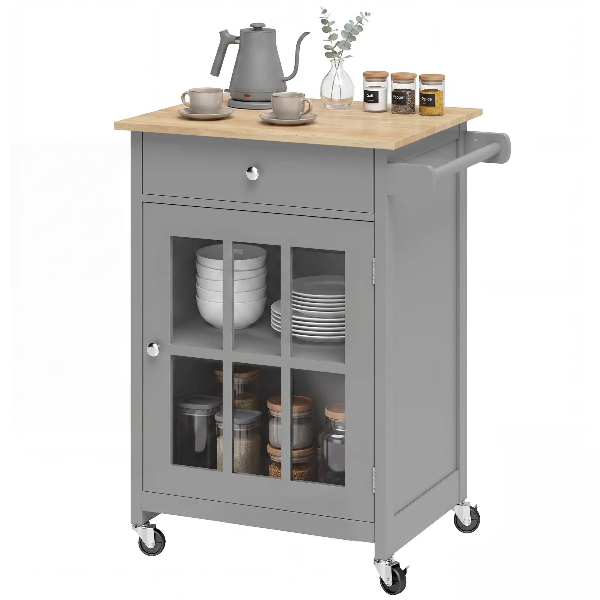Rolling Kitchen Cart with Drawer and Glass Door Cabinet, Kitchen Island on Wheels with Towel Rack, Dark Grey Kitchen Islands & Kitchen Carts at Gallery Canada