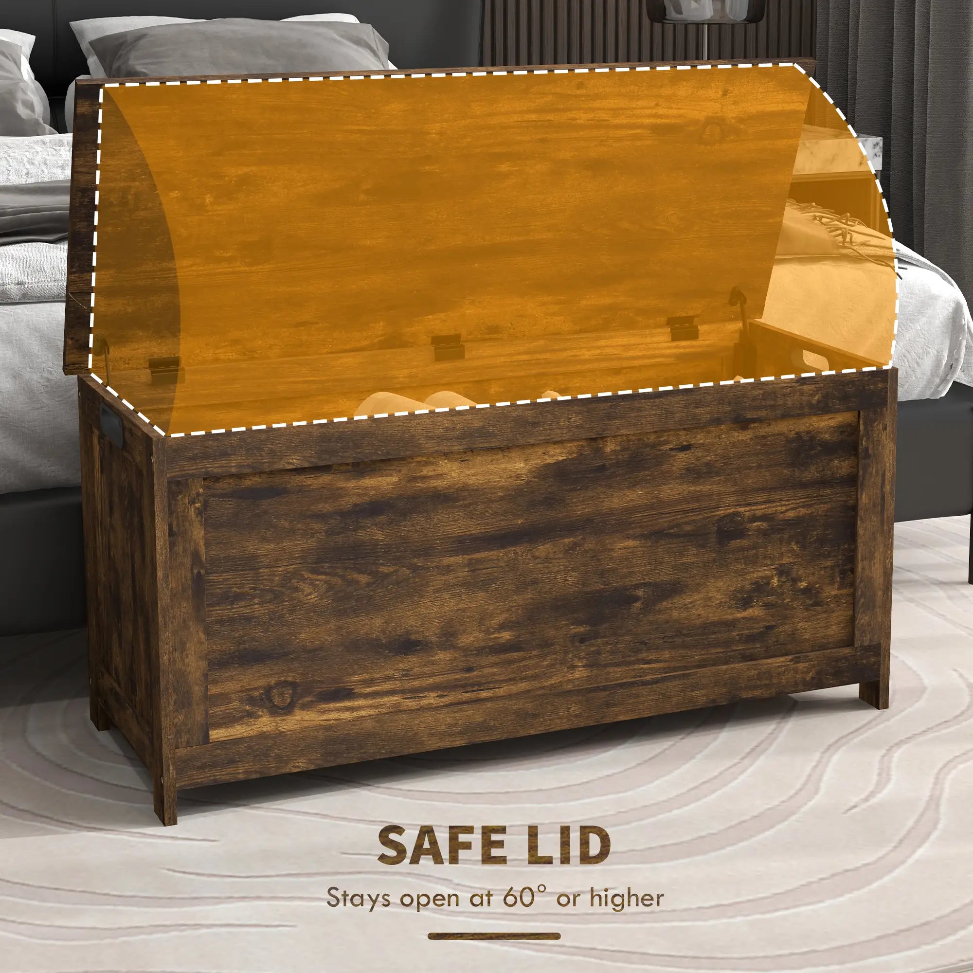 Modern Storage Trunk with Safety Hinges, Entryway Bench, Rustic Brown, Brown Storage Ottomans & Benches at Gallery Canada