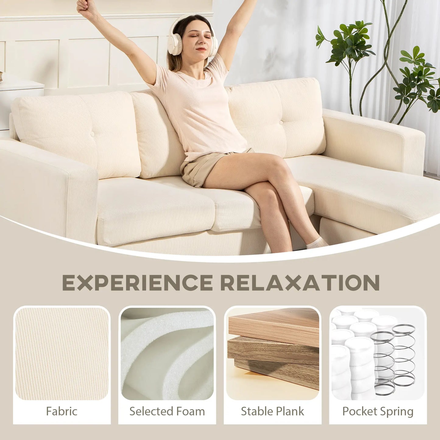 Sectional Sofa with Changeable Chaise, 3 Seat L-Shaped, Cream White 3-Seater Sofas at Gallery Canada