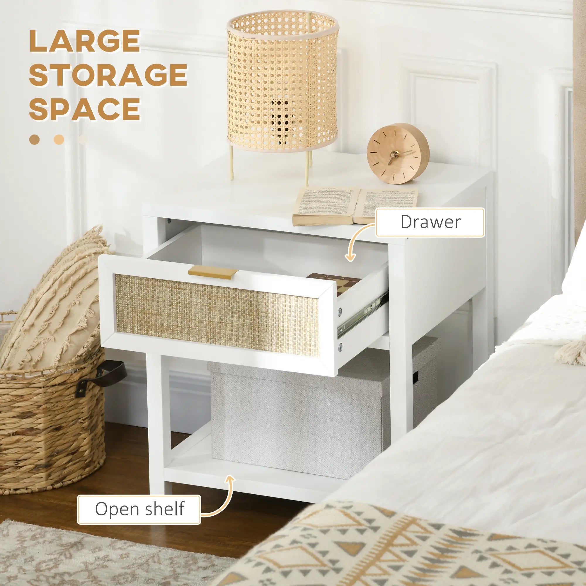 Boho Nightstand, Bedside Table with Rattan Drawer, Open Shelf Bedside Tables at Gallery Canada
