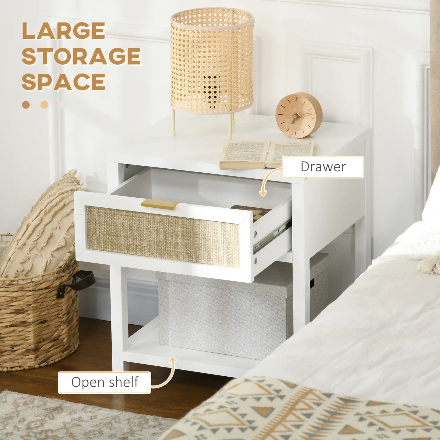 Boho Nightstand, Bedside Table with Rattan Drawer, Open Shelf Bedside Tables at Gallery Canada