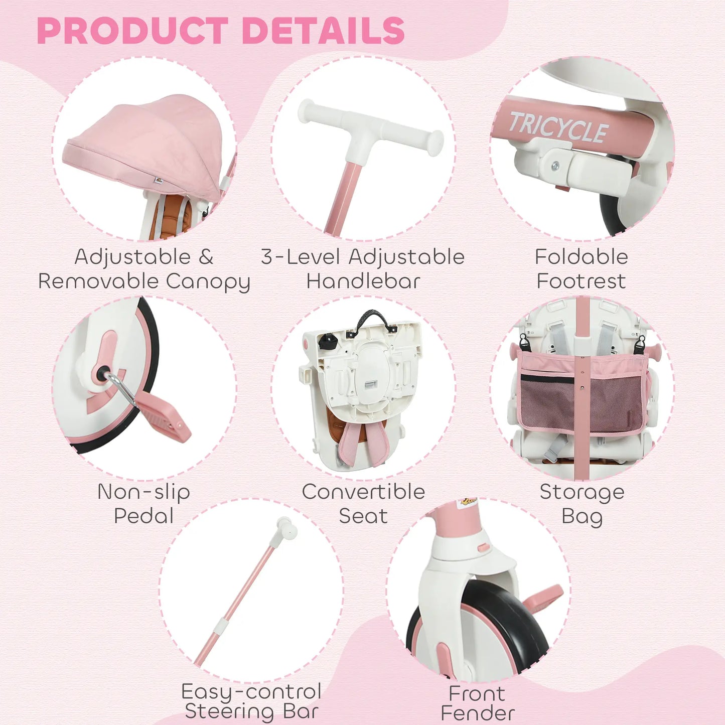 7 in 1 Toddler Tricycle, Safety Harness, Adjustable Parent Handle, Pink Tricycles for Kids at Gallery Canada