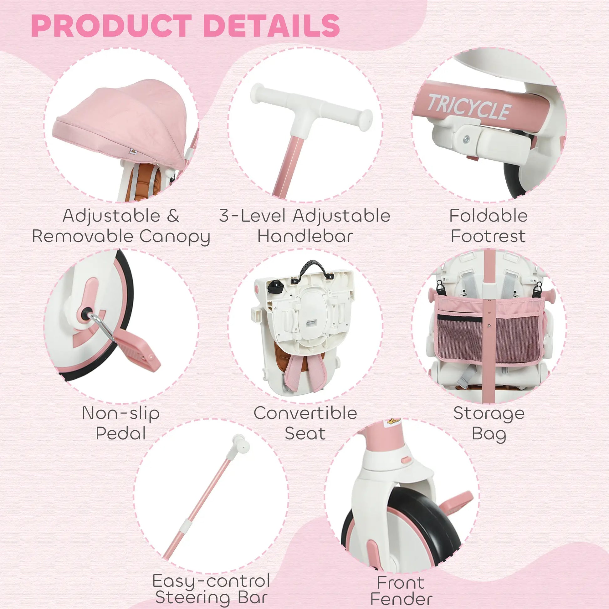 7 in 1 Toddler Tricycle, Safety Harness, Adjustable Parent Handle, Pink Tricycles for Kids at Gallery Canada