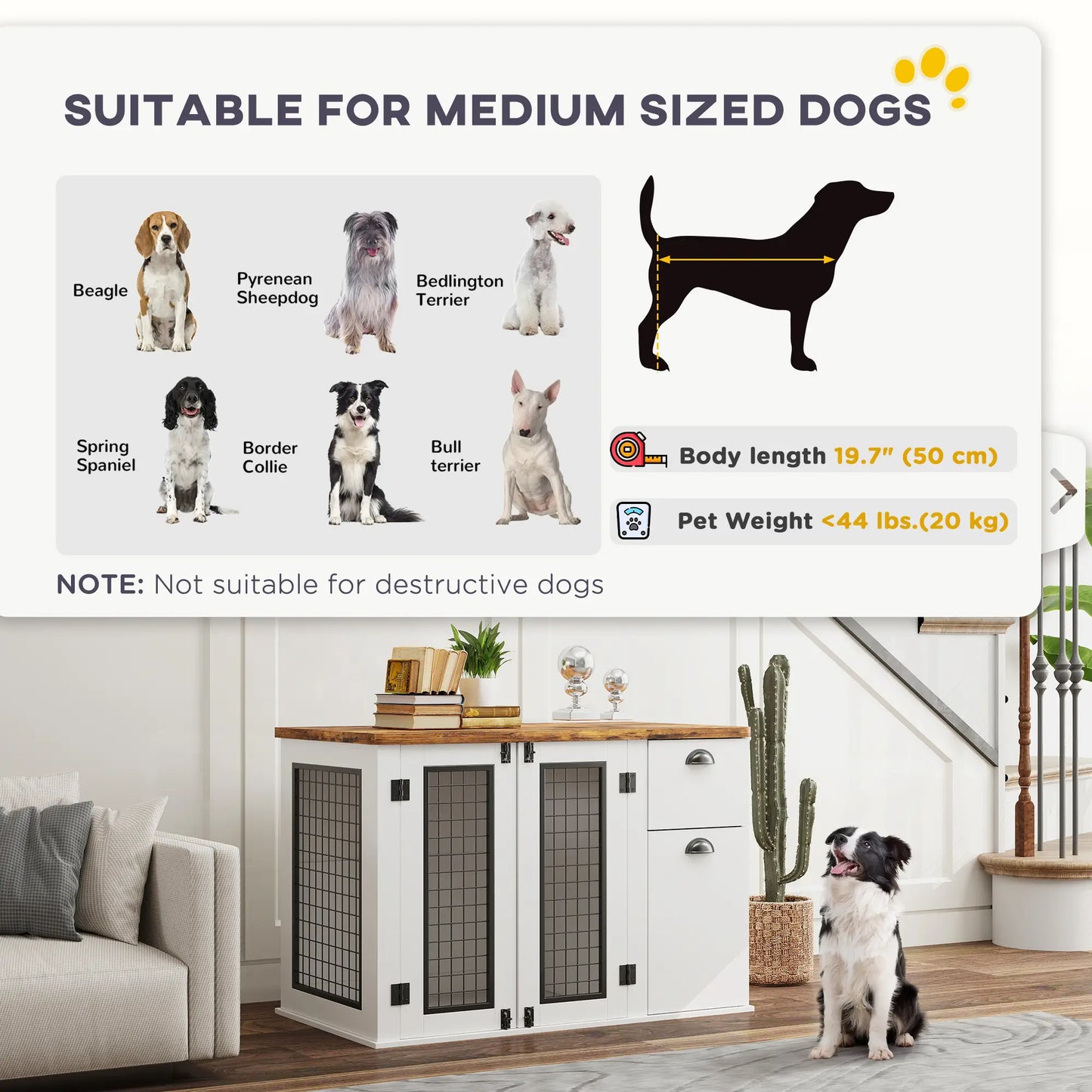 44 Dog Crate with Double Doors, Storage Drawer, White Houses, Kennels & Pens at Gallery Canada