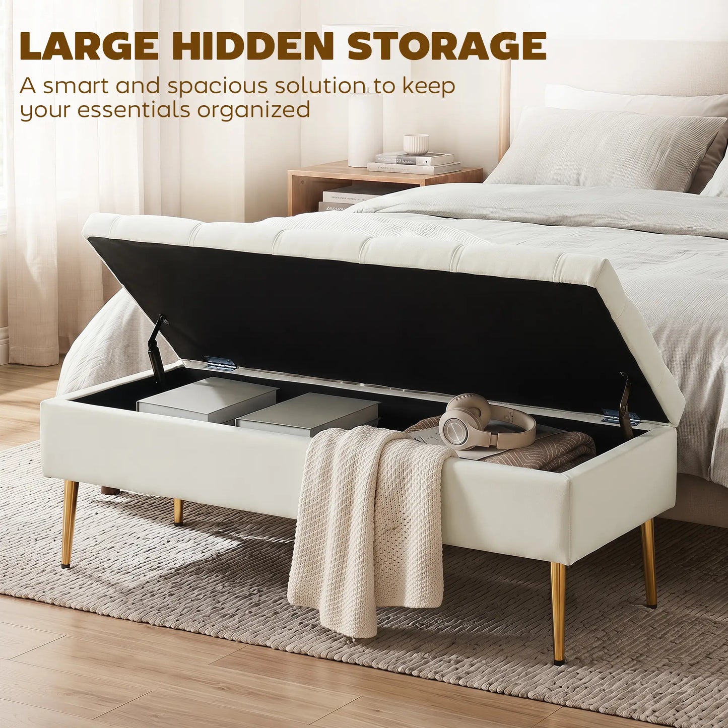 Upholstered Bedroom Bench with Gold Tone Metal Legs, Velvet Tufted and Thick Padding, Beige
