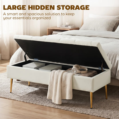 Upholstered Bedroom Bench with Gold Tone Metal Legs, Velvet Tufted and Thick Padding, Beige