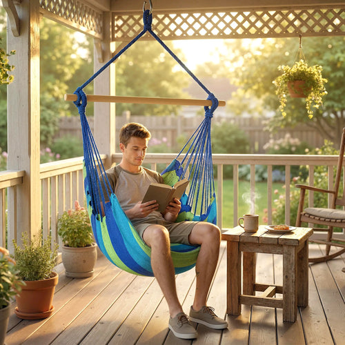 Hanging Macrame Chair, Two Soft Seat Cushions, Blue Green