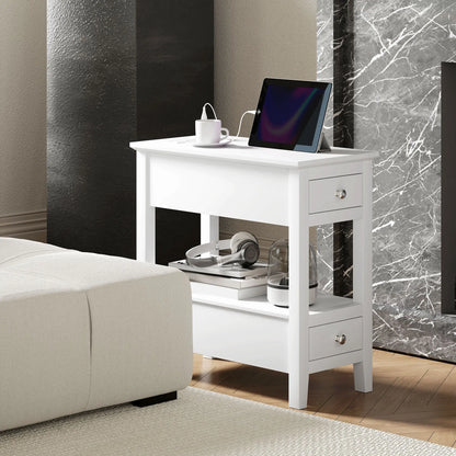 Narrow Side Table, Charging Station, USB Ports, Storage Shelf, Drawers, White Side Tables at Gallery Canada