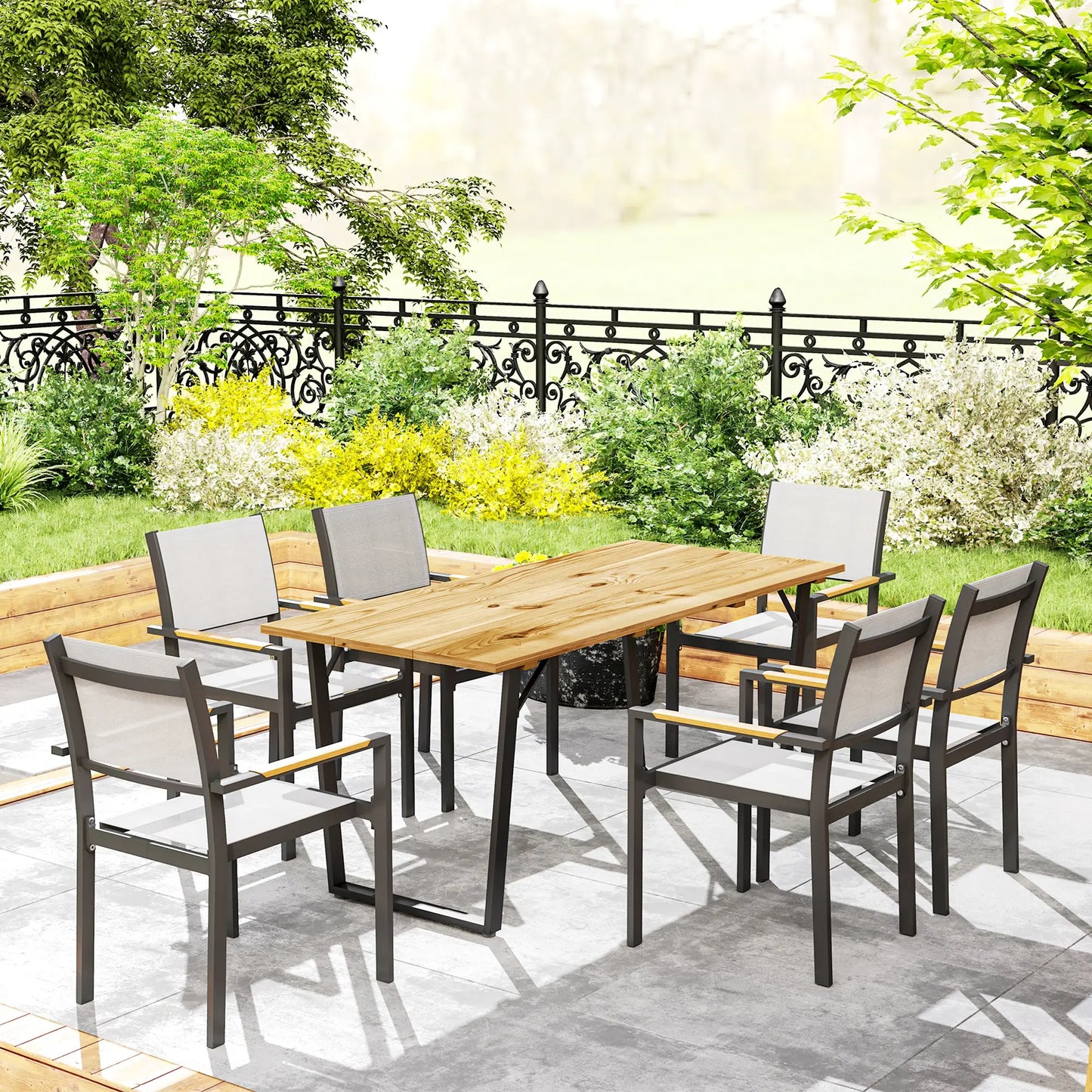 Wooden Outdoor Dining Table for 6, 2" Umbrella Hole, Slatted Tabletop, Metal Frame Patio Dinning Tables at Gallery Canada