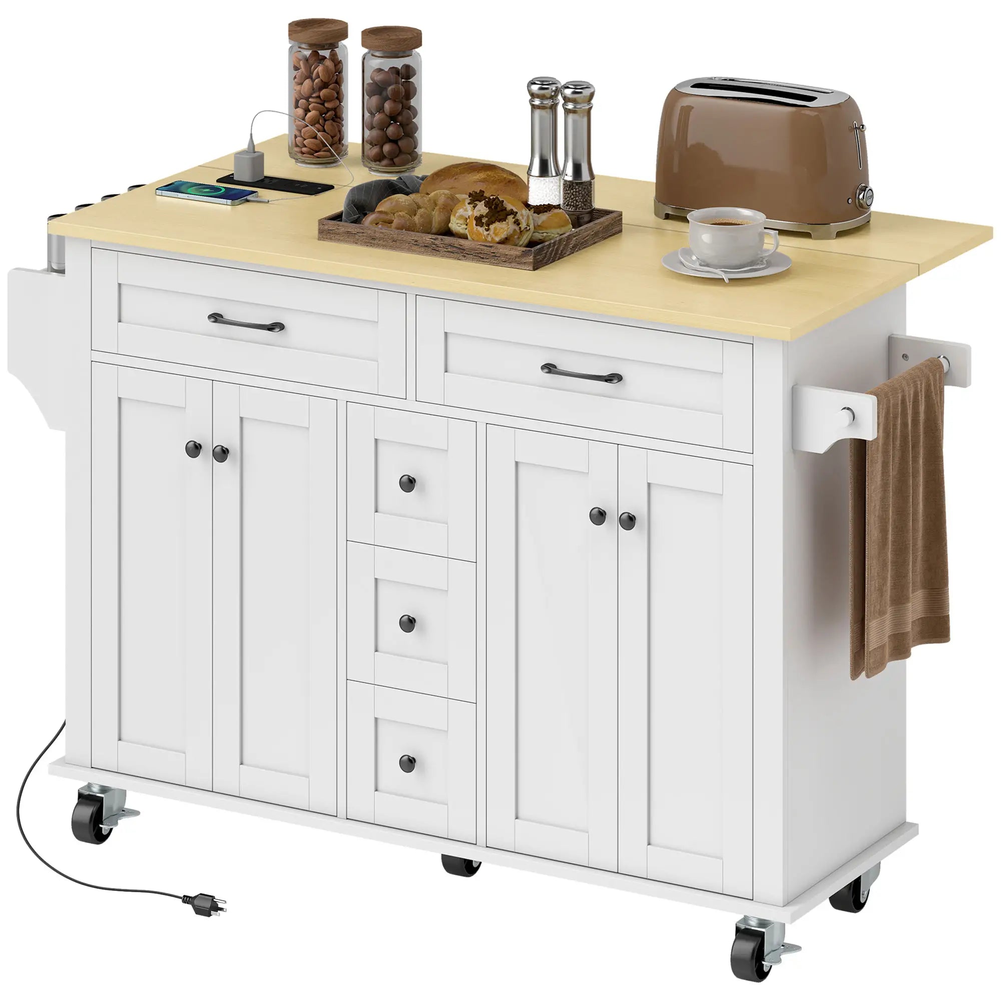 Kitchen Island Cart with Power Outlet, Drop Leaf, 55 Inch, White Kitchen Islands & Kitchen Carts White, Natural Wood Finish at Gallery Canada