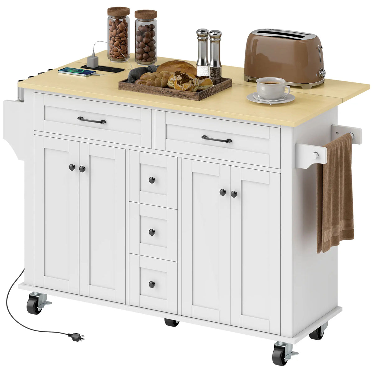 Kitchen Island Cart with Power Outlet, Drop Leaf, 55 Inch, White Kitchen Islands & Kitchen Carts White, Natural Wood Finish at Gallery Canada