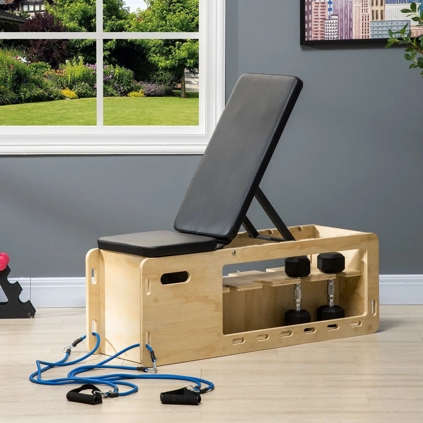 Adjustable Incline Wooden Workout Bench, Dumbbell Rack, Resistance Bands Weight Benches at Gallery Canada