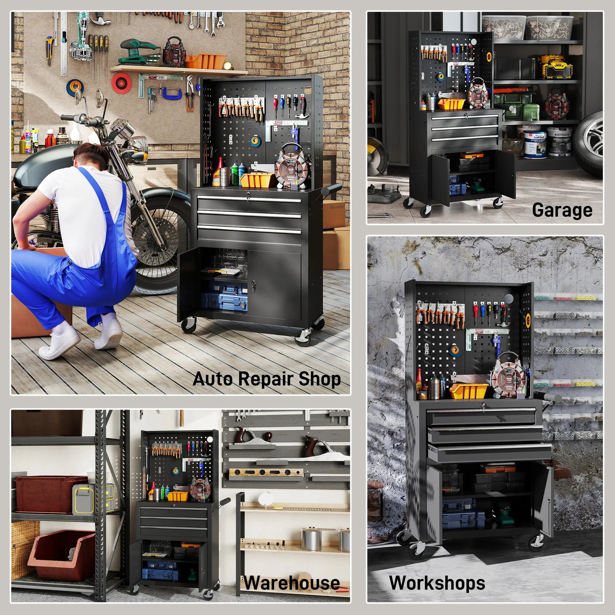 Rolling Tool Cabinet with Pegboard, Lockable Tool Chest, Mobile Tool Storage Organizer for Garage and Workshop, Black Tool Organizers at Gallery Canada