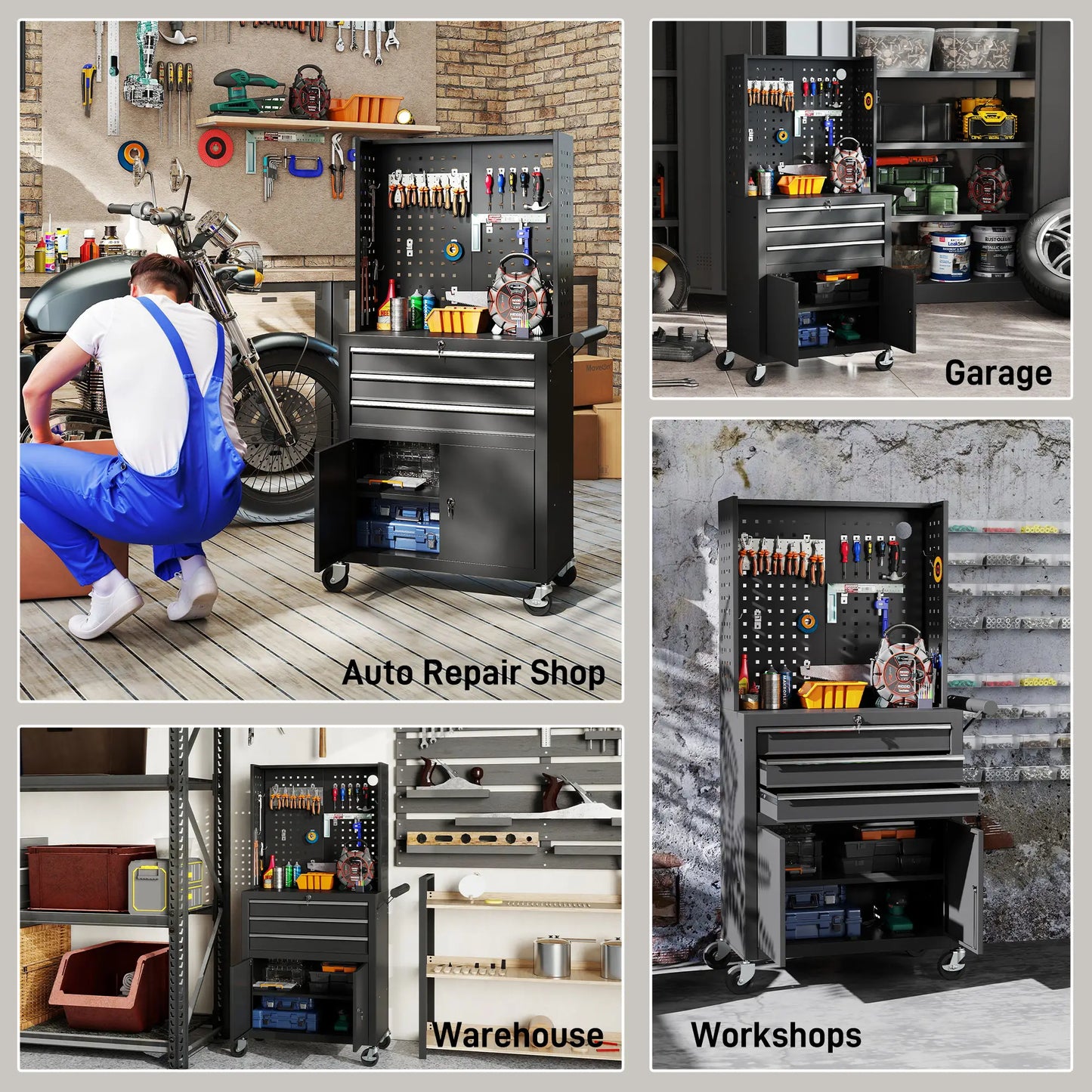 Rolling Tool Cabinet with Pegboard, Lockable Tool Chest, Mobile Tool Storage Organizer for Garage and Workshop, Black Tool Organizers at Gallery Canada