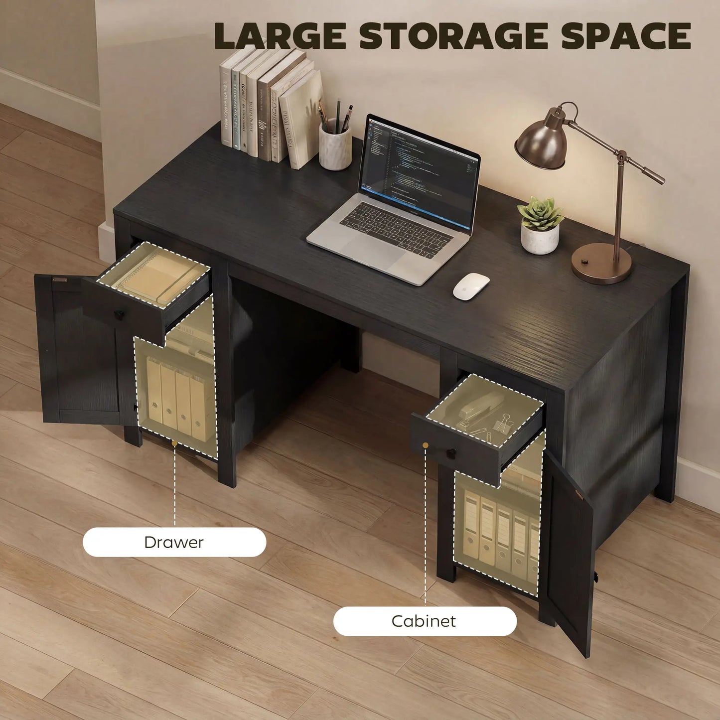 53" Farmhouse Executive Desk, Computer Desk With Drawers, Black Wood Grain, Black Writing Desks at Gallery Canada