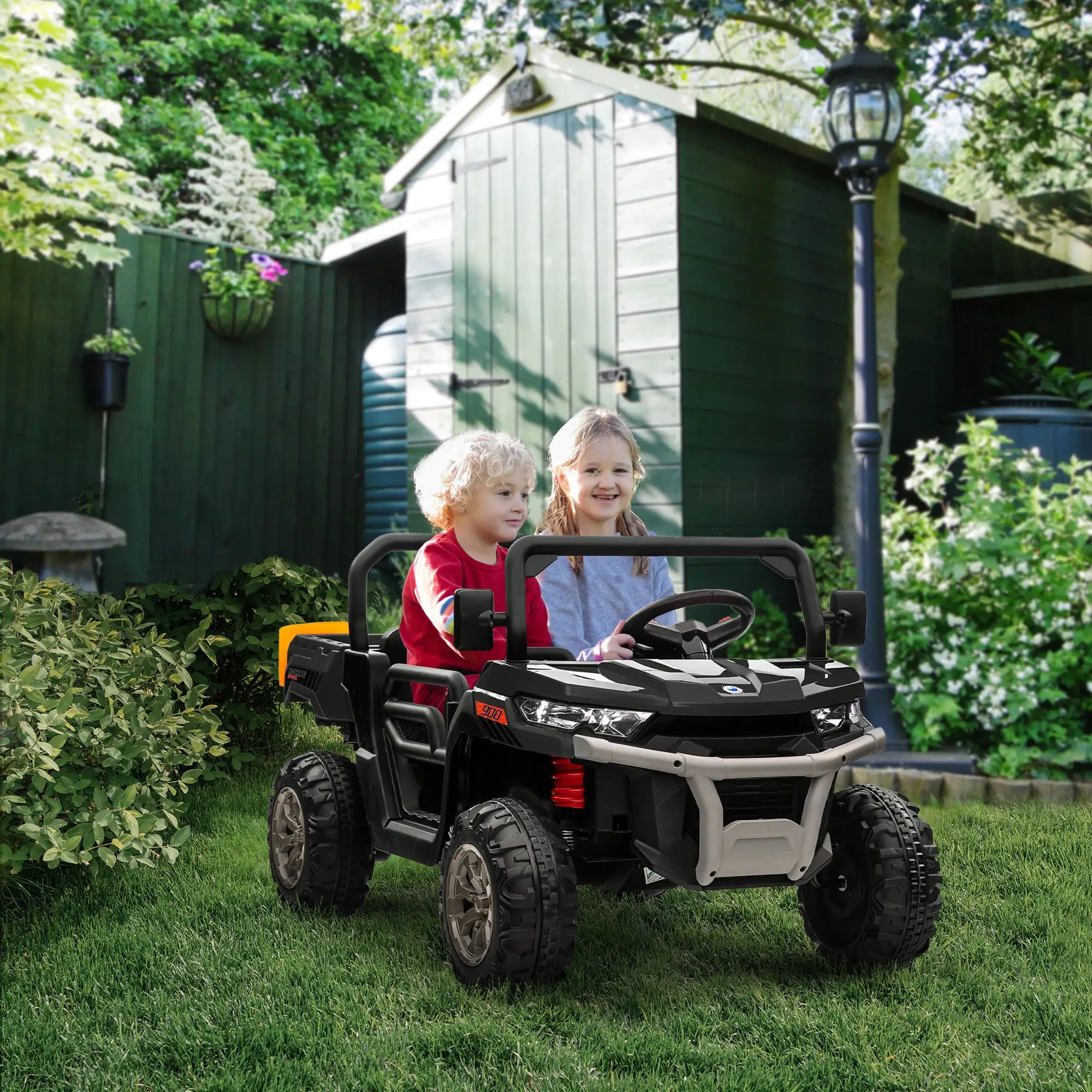 12V Ride On Car, Two-Seater, Electric Bucket, Shovel, Remote Control, Black Electric Toy Cars at Gallery Canada