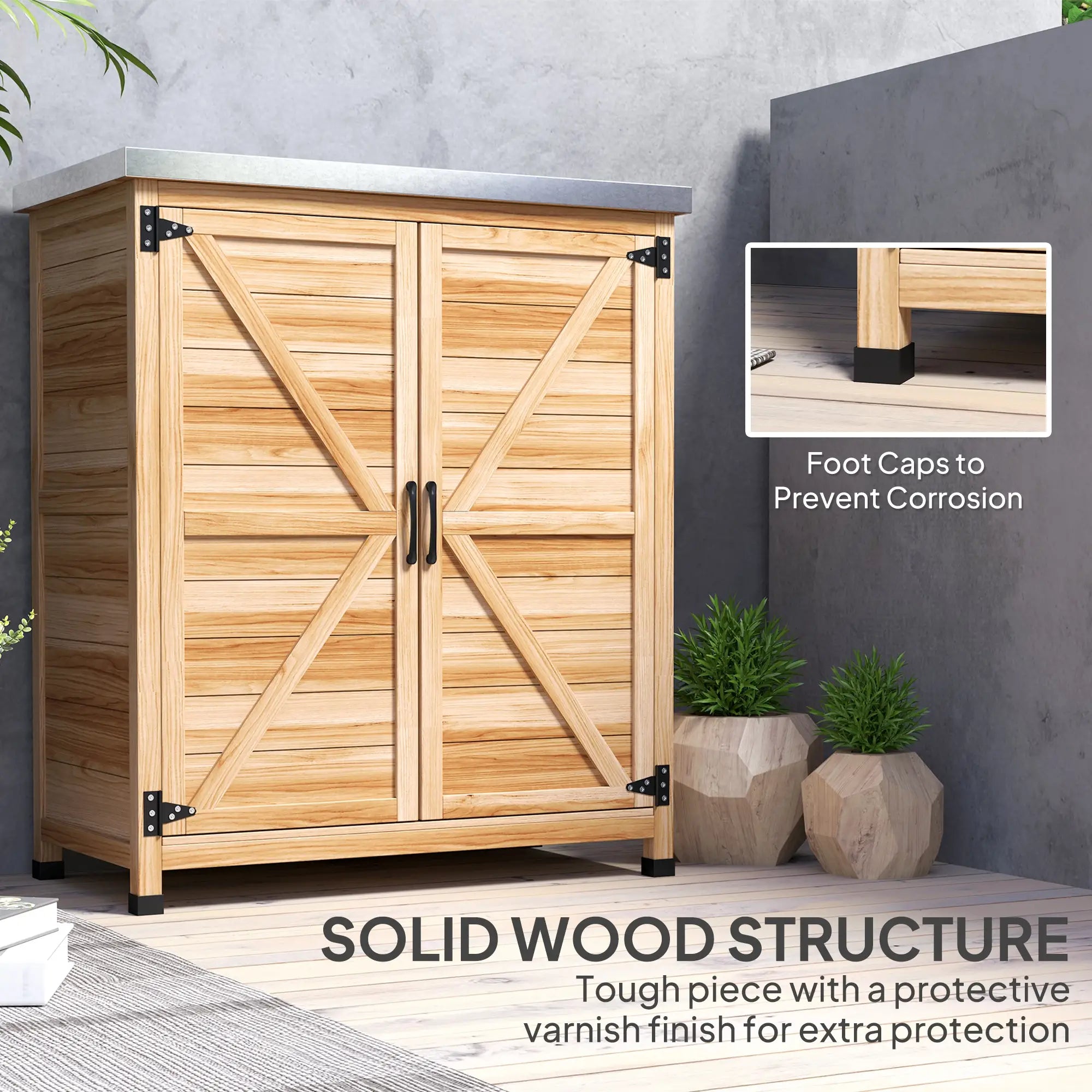 Outdoor Potting Bench Table, Metal Tabletop, Shelf, Double Doors, Natural Sheds at Gallery Canada