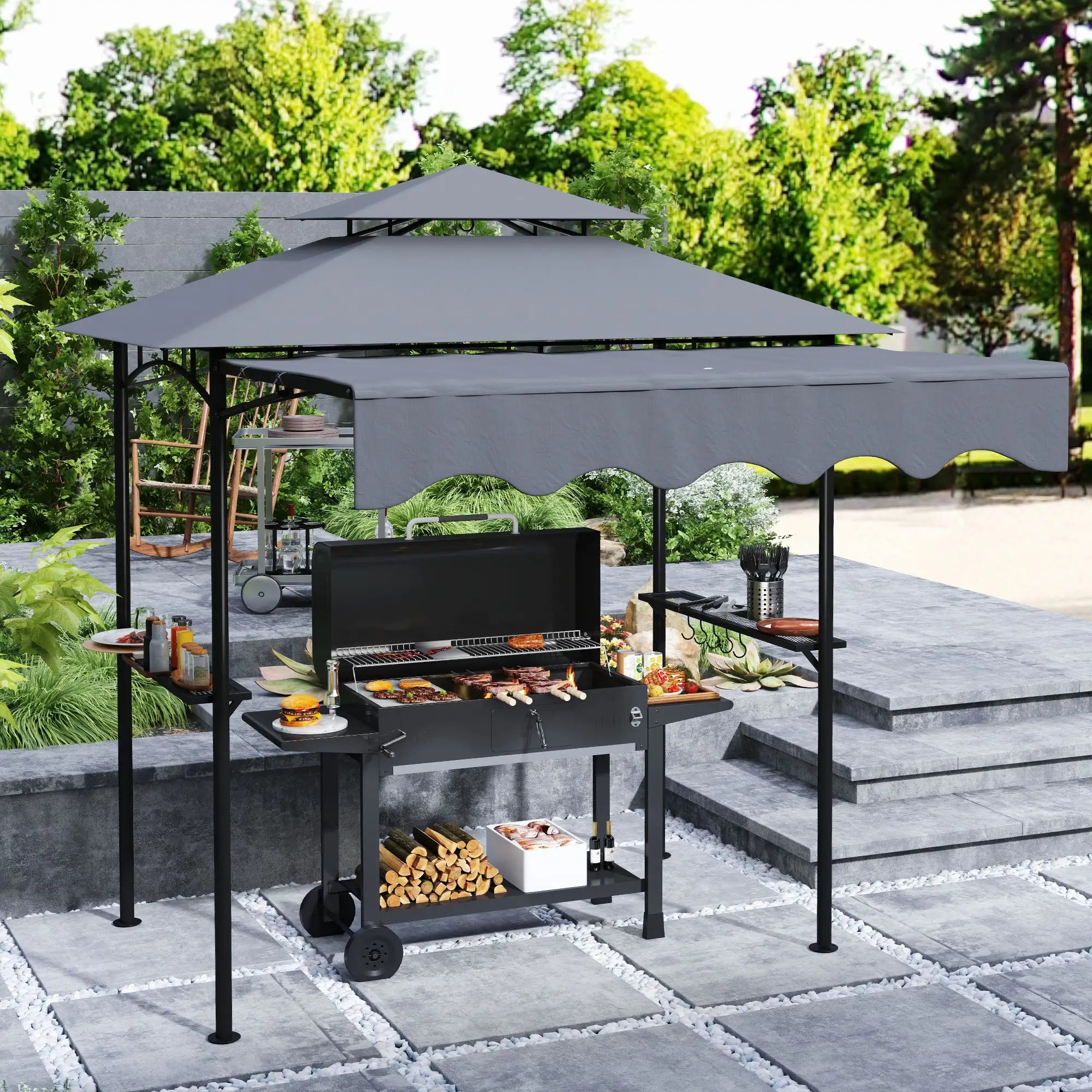 8' x 5' Grill Gazebo, Double Tiered Barbecue Shelter, Dark Grey BBQ Grill Gazebos at Gallery Canada