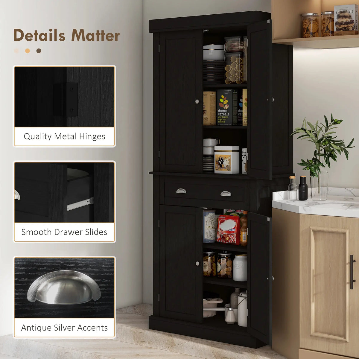 72 Inch Tall Pantry Cabinet, 4 Door Kitchen Storage, Black Wood Grain, Black Kitchen Pantry Cabinets at Gallery Canada