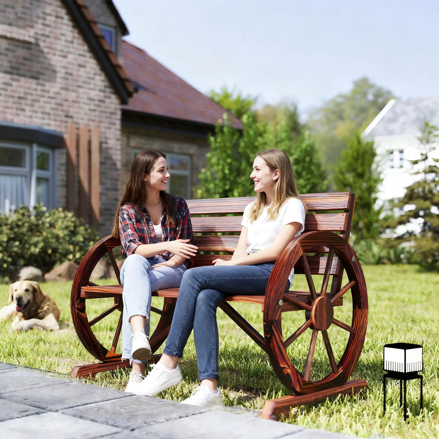 42" Wood Wagon Wheel Bench, Rustic Garden Loveseat, Brown Outdoor Benches at Gallery Canada