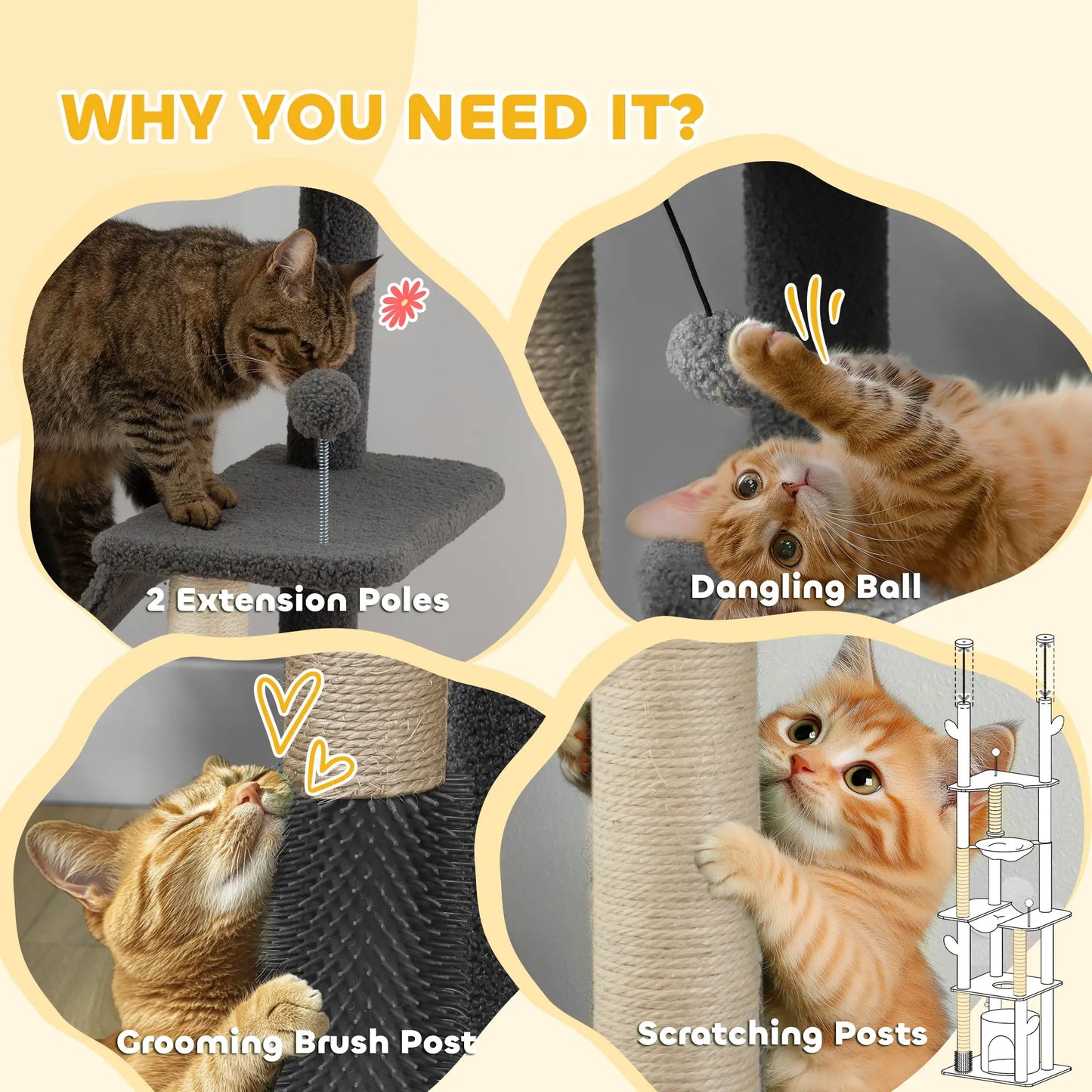 89"-100" Cat Tree Tower for Large Cats, Scratching Posts, Grooming Brush, Grey Floor to Ceiling Cat Trees at Gallery Canada