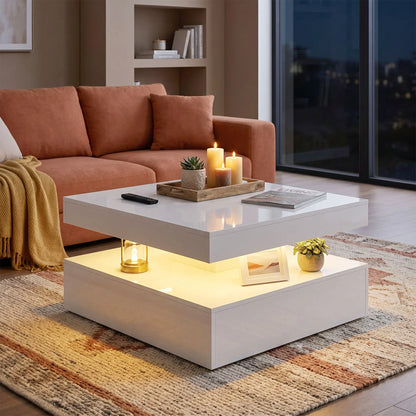 LED Coffee Table with Storage, 2-Tier Modern Center Table with Open Shelf and Remote for Living Room, High Gloss White