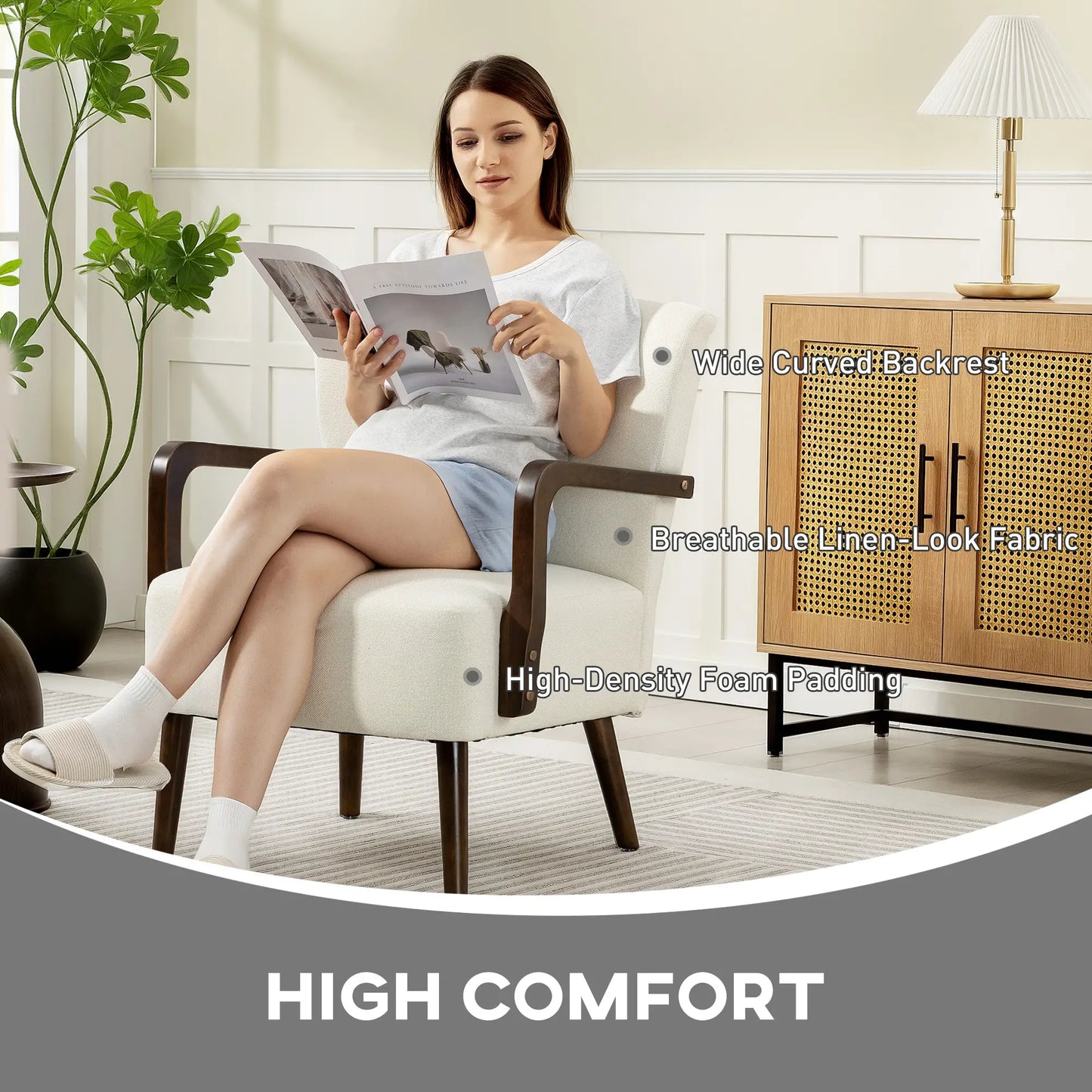 Accent Chair, Wooden Legs, Linen Fabric, Thick Padding, Cream White Accent Chairs at Gallery Canada