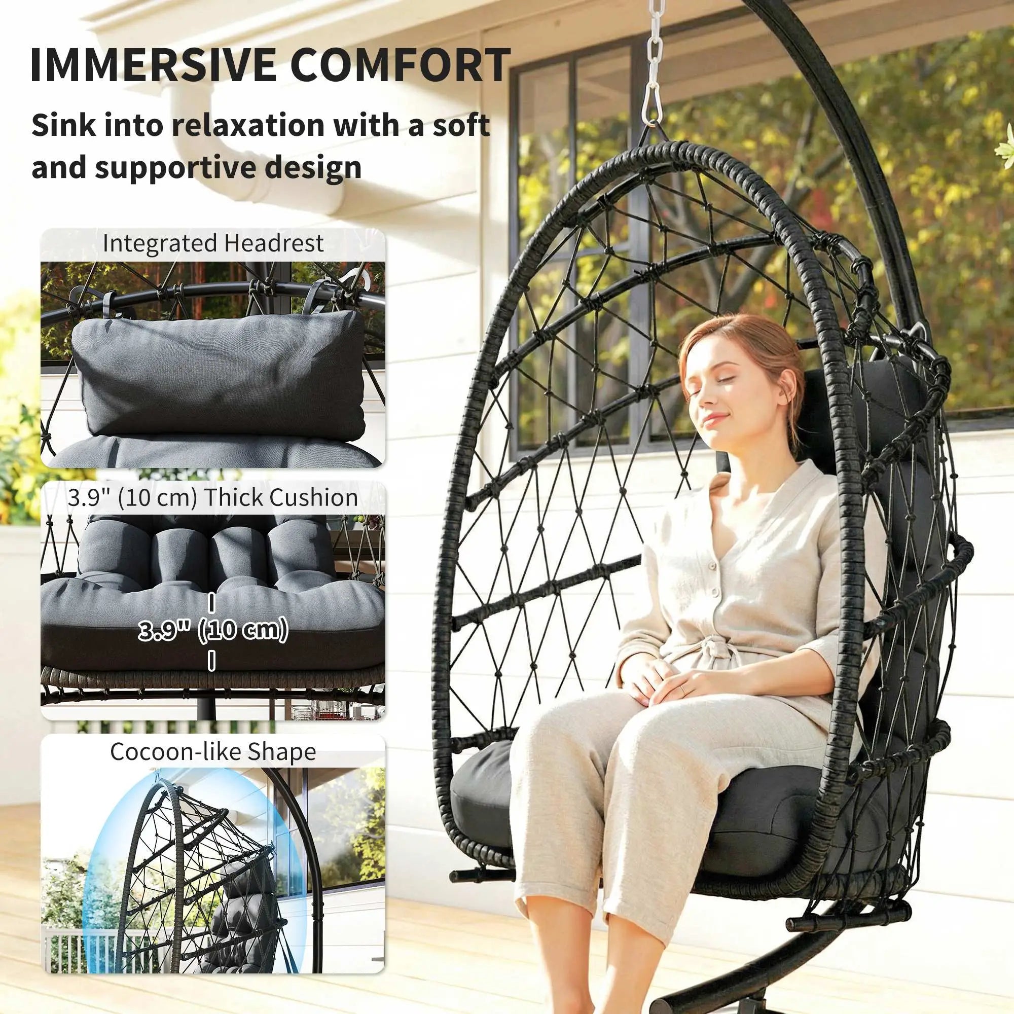 Hanging Egg Chair With Stand, Foldable Wicker Rattan Swing, Thick Cushion, Black Patio Swings with Stand at Gallery Canada