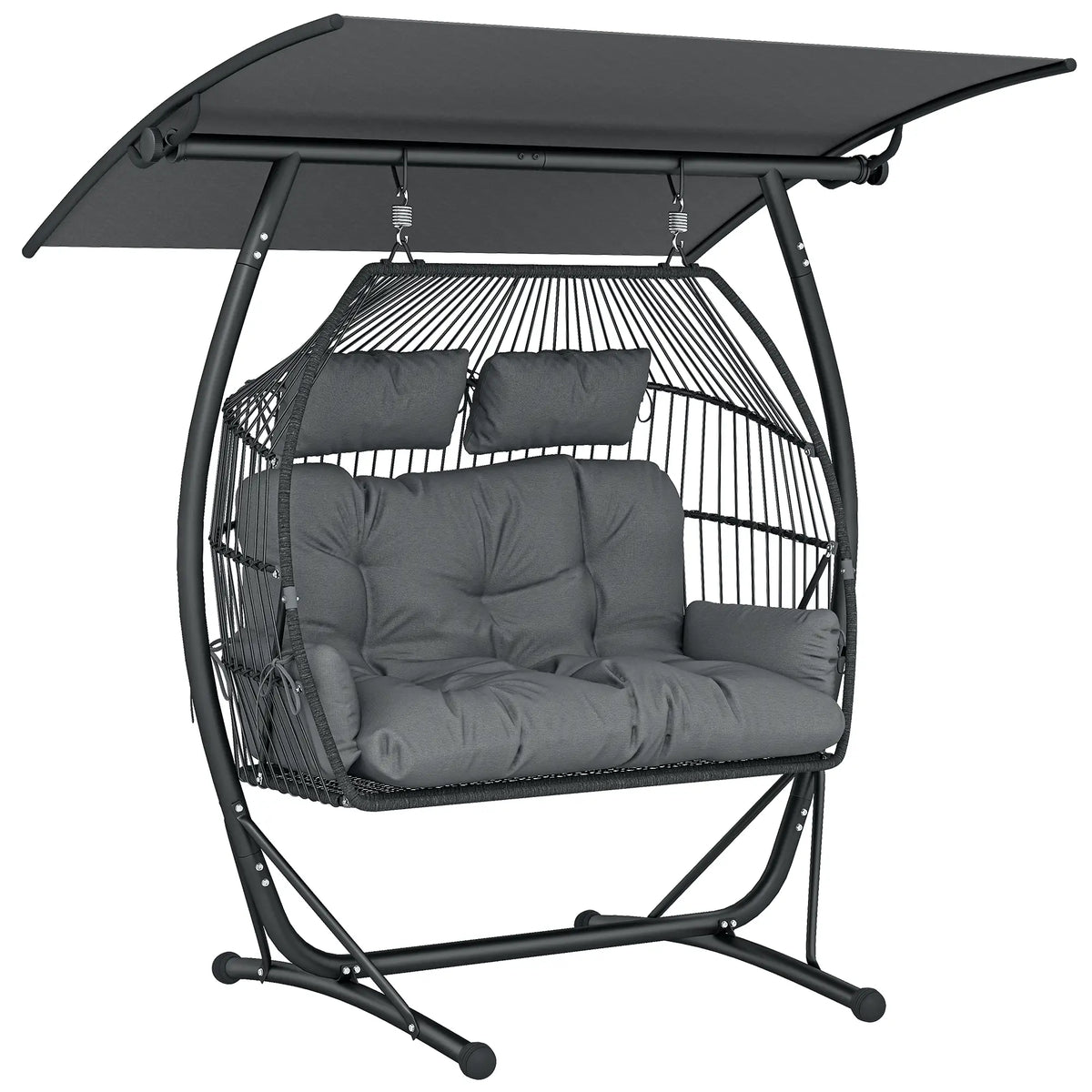 Hanging Double Egg Chair with Canopy, Cushion, Stand, Dark Grey