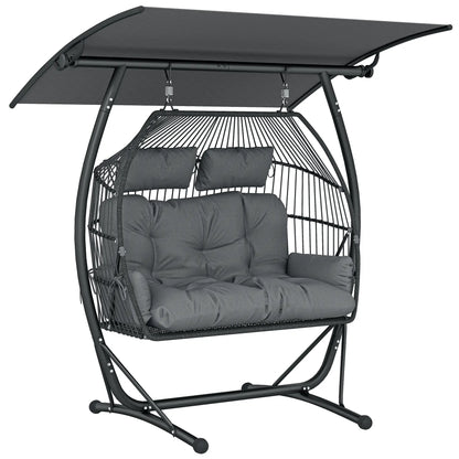 Hanging Double Egg Chair with Canopy, Cushion, Stand, Dark Grey