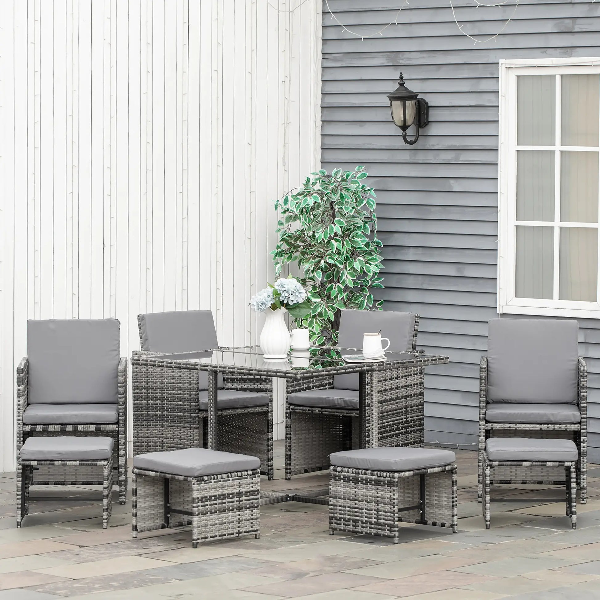 9-Piece Wicker Patio Dining Set, Removable Cushions, Glass Table, Grey Outdoor Dining Sets at Gallery Canada