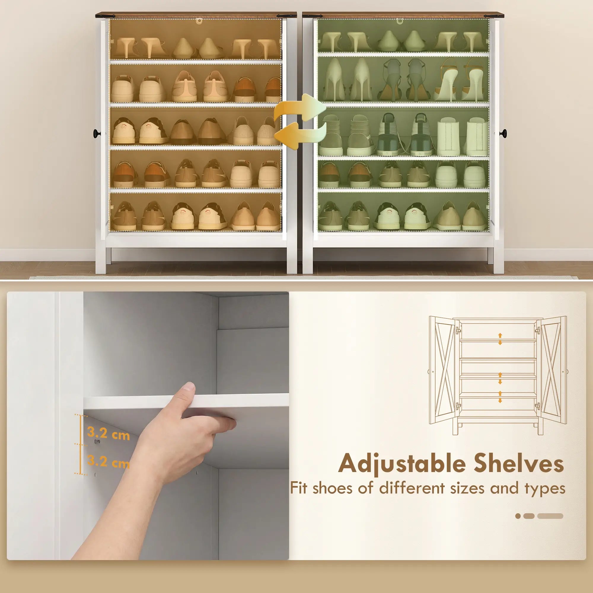 Shoe Cabinet With Barn Doors, Adjustable Shelves, Holds 15 Pairs, White Shoe Storage Cabinets & Racks at Gallery Canada
