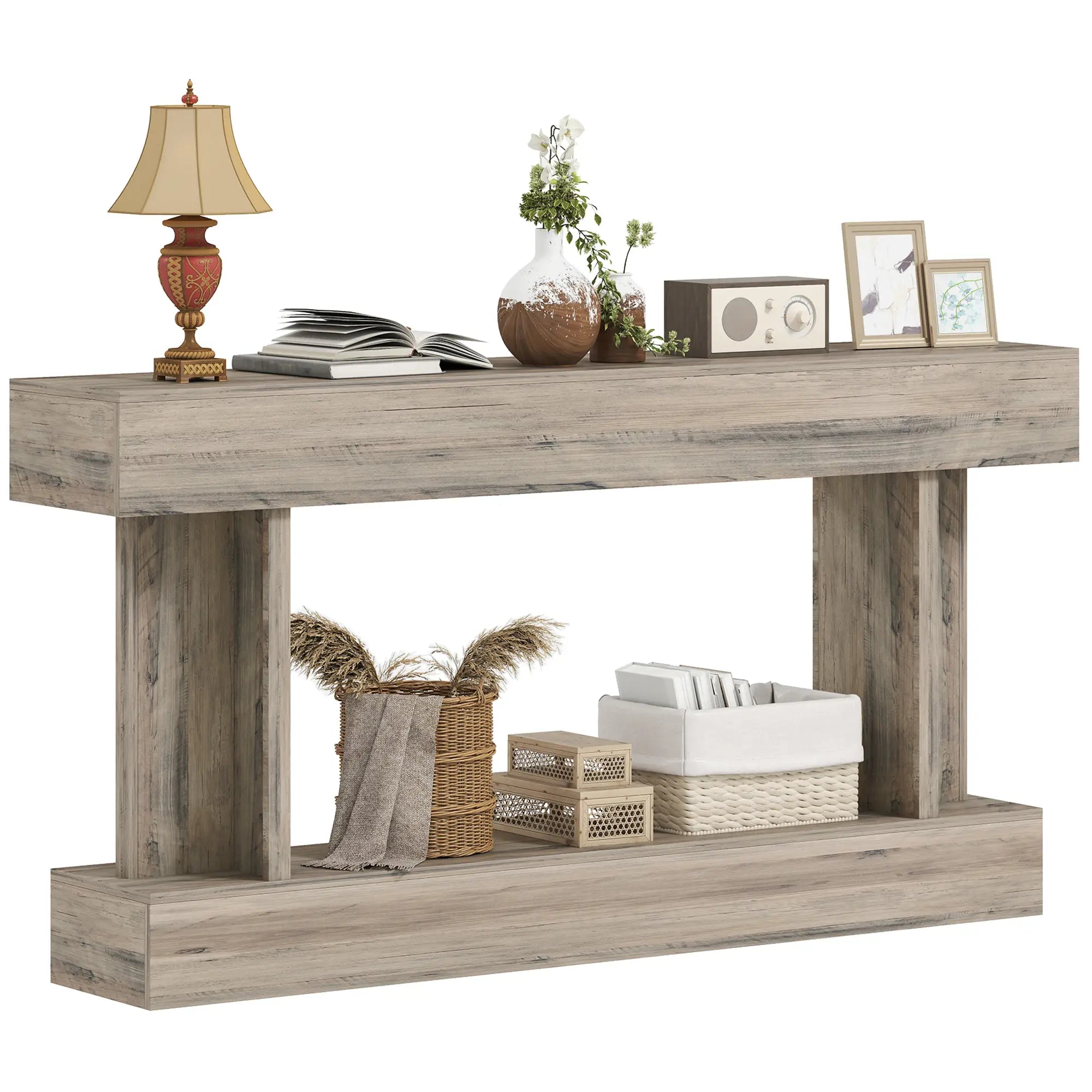 63 Inch Console Table, Vintage Narrow with Storage Shelf, Light Brown Console Tables at Gallery Canada