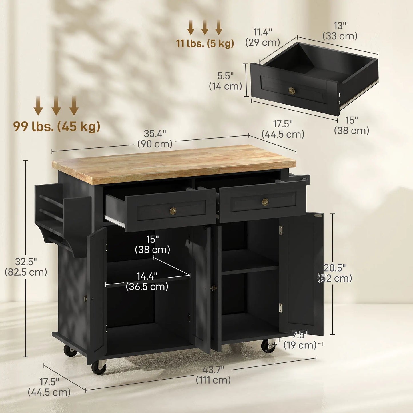 Kitchen Island with Storage, Rolling Trolley Cart with Rubber Wood Top, Spice Rack, Towel Rack, Black Kitchen Islands & Kitchen Carts at Gallery Canada