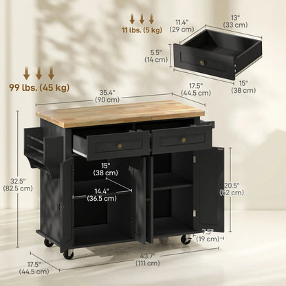 Kitchen Island with Storage, Rolling Trolley Cart with Rubber Wood Top, Spice Rack, Towel Rack, Black Kitchen Islands & Kitchen Carts at Gallery Canada