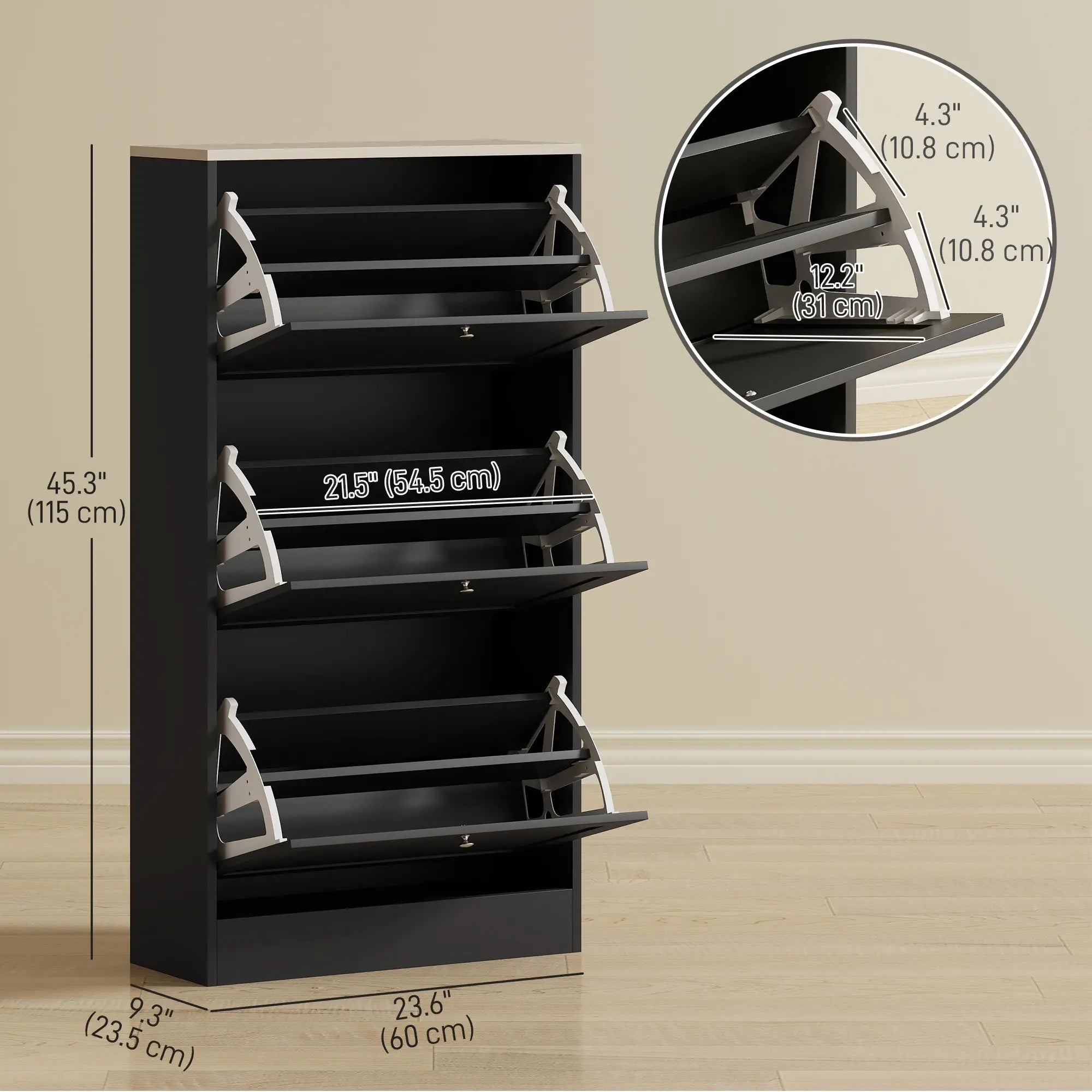 Modern Shoe Storage, 3 Flip Drawers, Adjustable Shelves, 18 Pairs, Black Shoe Storage Cabinets & Racks at Gallery Canada