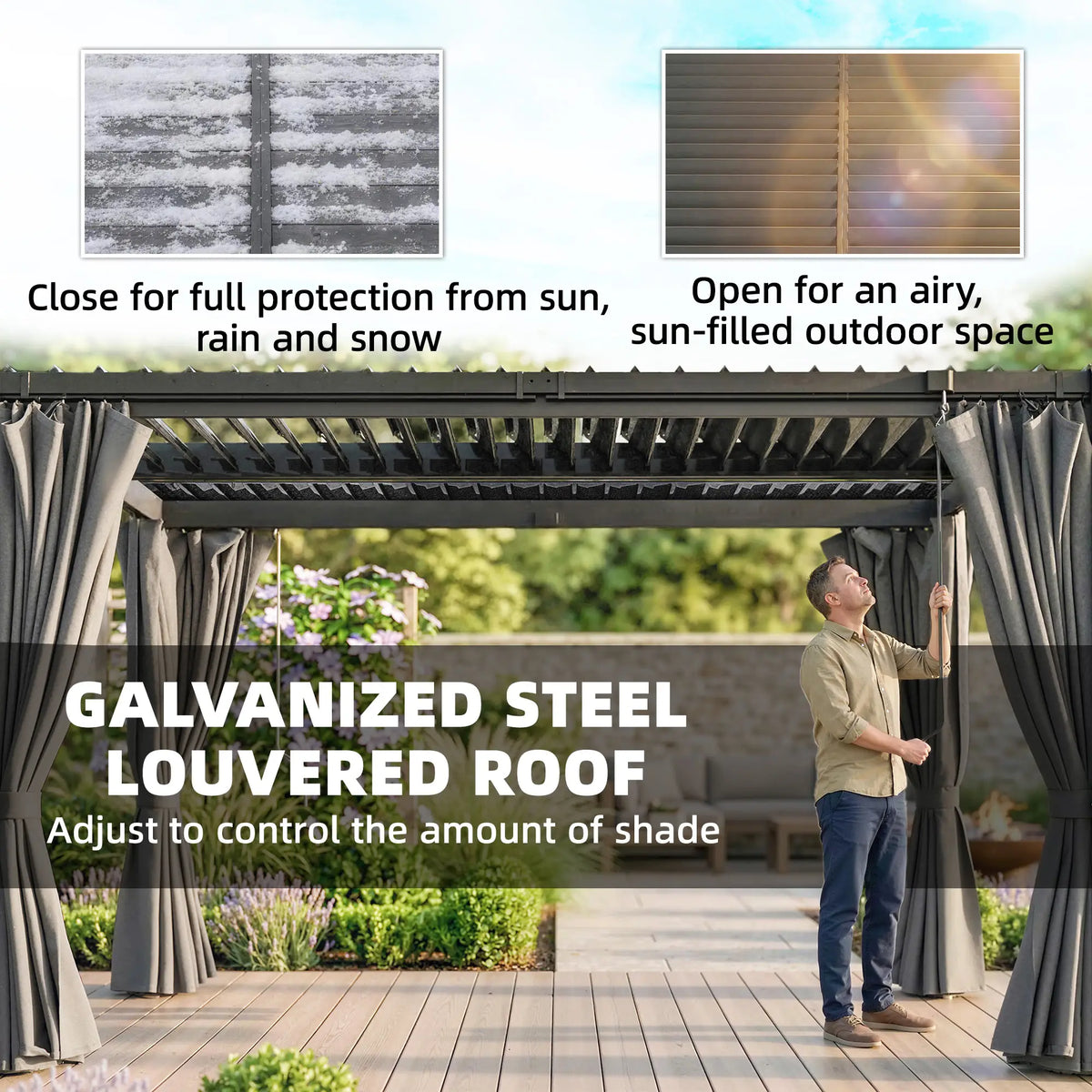10 x 13 Ft Louvered Pergola With Steel Roof, Curtains, Grey Pergolas at Gallery Canada