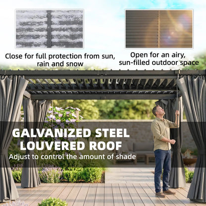 10 x 13 Ft Louvered Pergola With Steel Roof, Curtains, Grey Pergolas at Gallery Canada