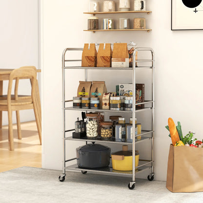 4 Tier Stainless Steel Rolling Cart, Adjustable Shelves, Wheels, Silver Kitchen Islands & Kitchen Carts at Gallery Canada