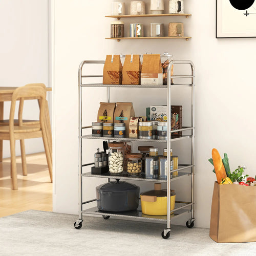 4 Tier Stainless Steel Rolling Cart, Adjustable Shelves, Wheels, Silver