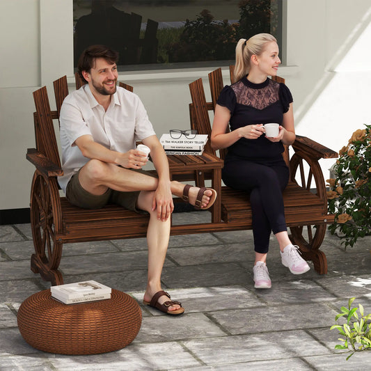 Wooden Outdoor Loveseat, Wagon Wheel Bench With Table, Carbonized Outdoor Benches Carbonized at Gallery Canada