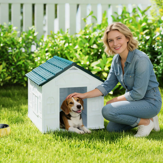 26" Plastic Dog House, Outdoor with Air Vents, Small Medium Dogs, Blue Houses, Kennels & Pens Blue, White at Gallery Canada