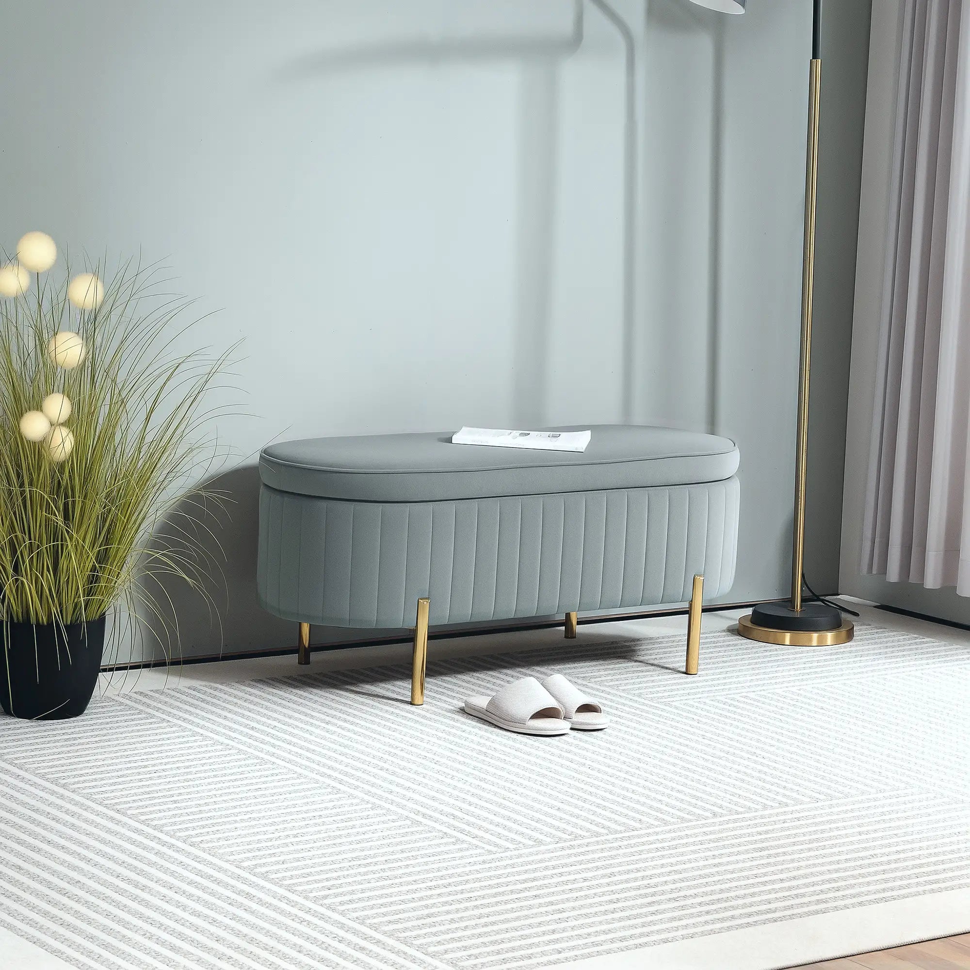 Upholstered Channel Tufted Ottoman Bench, Thick Padding, Metal Legs, Grey Storage Ottomans & Benches at Gallery Canada