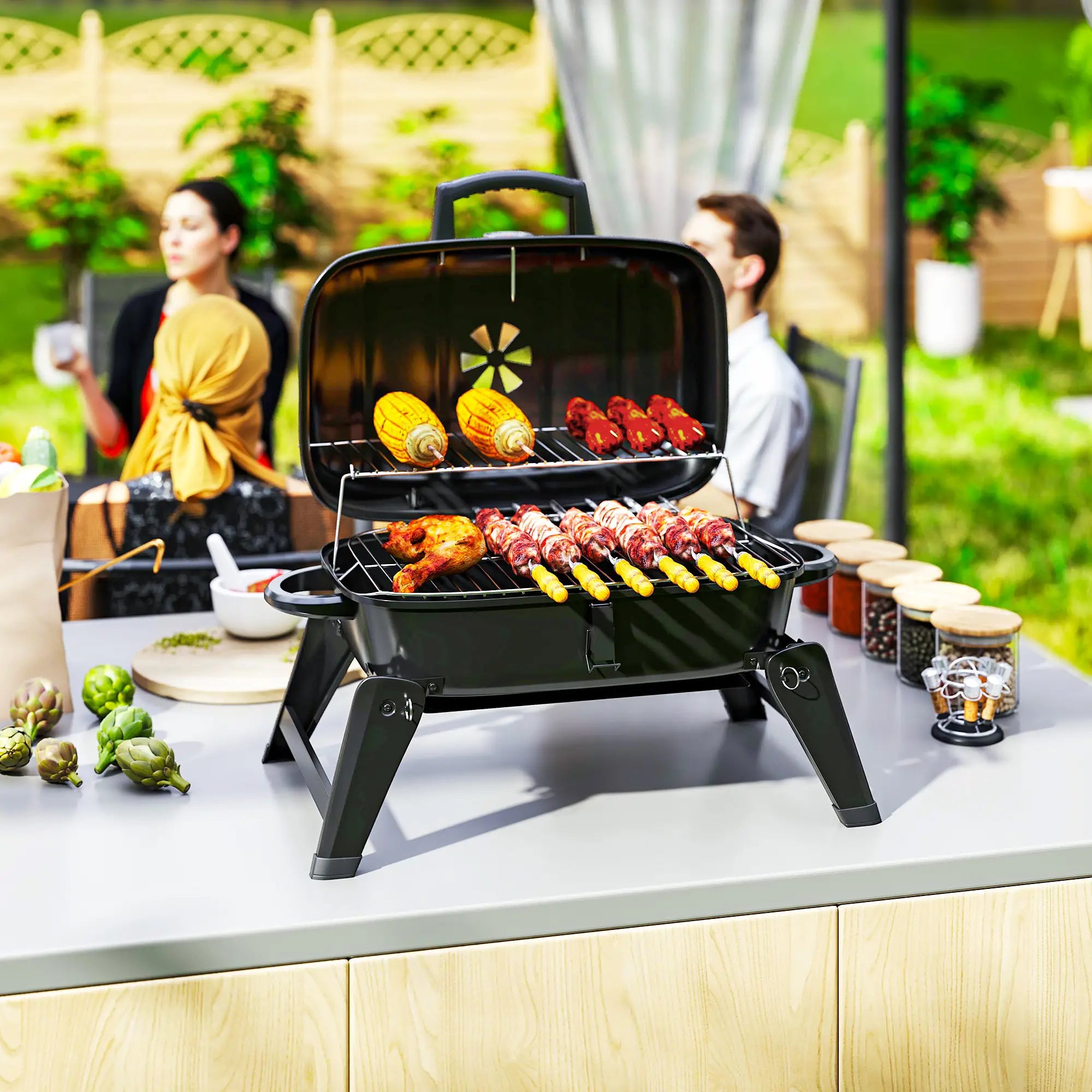 Foldable Charcoal BBQ Grill With Warming Rack, Adjustable Vent, Thermometer, Black Charcoal BBQ Grils at Gallery Canada
