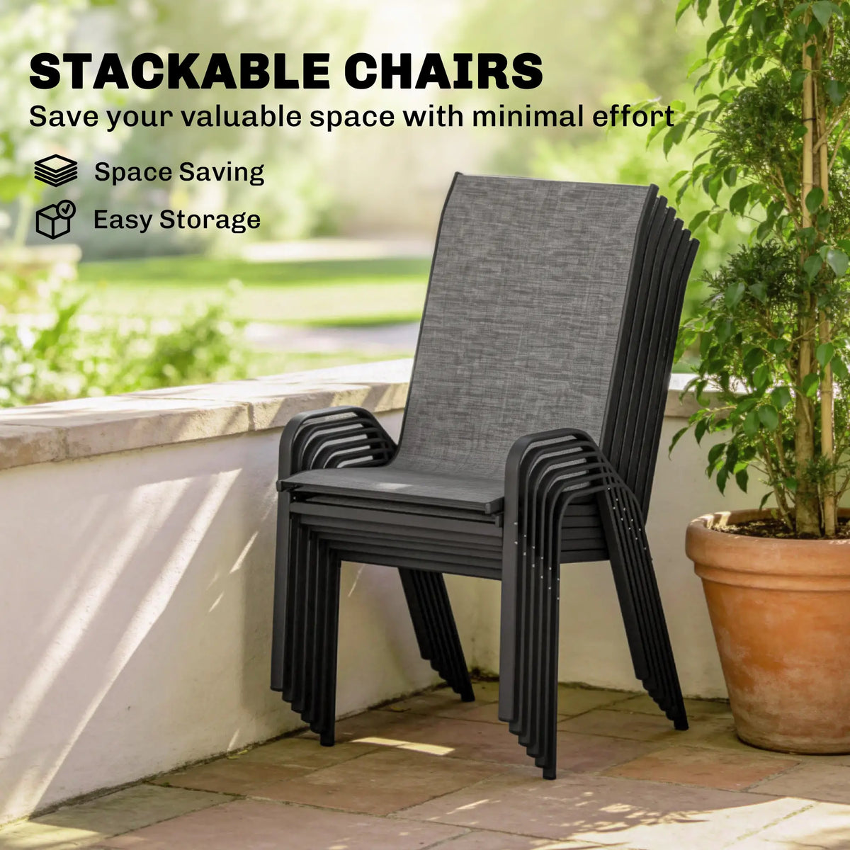 Outdoor Dining Set For 6, Faux Wood Metal Patio Table, Mesh Stackable Chairs, Mixed Grey