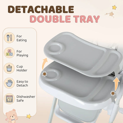 High Chair with Wheels, Double Tray, Foldable Baby Seat with Adjustable Seat Height, Backrest, Footrest and Tray, Grey