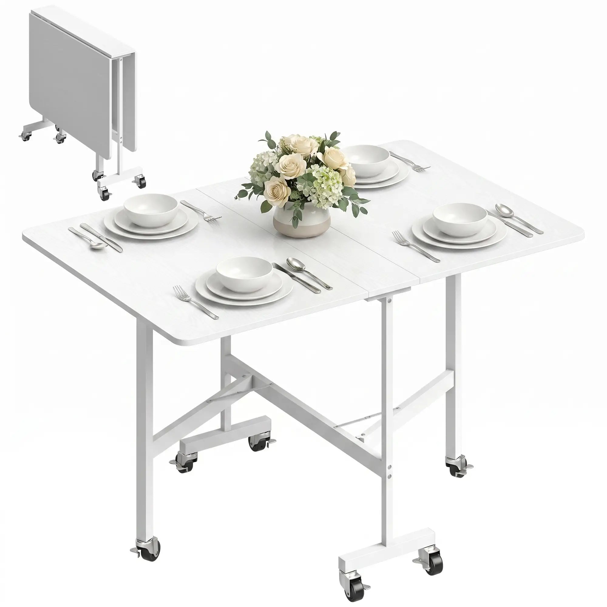 Six-Seater Drop-Leaf Dining Table with Wheels, White Dining Tables at Gallery Canada