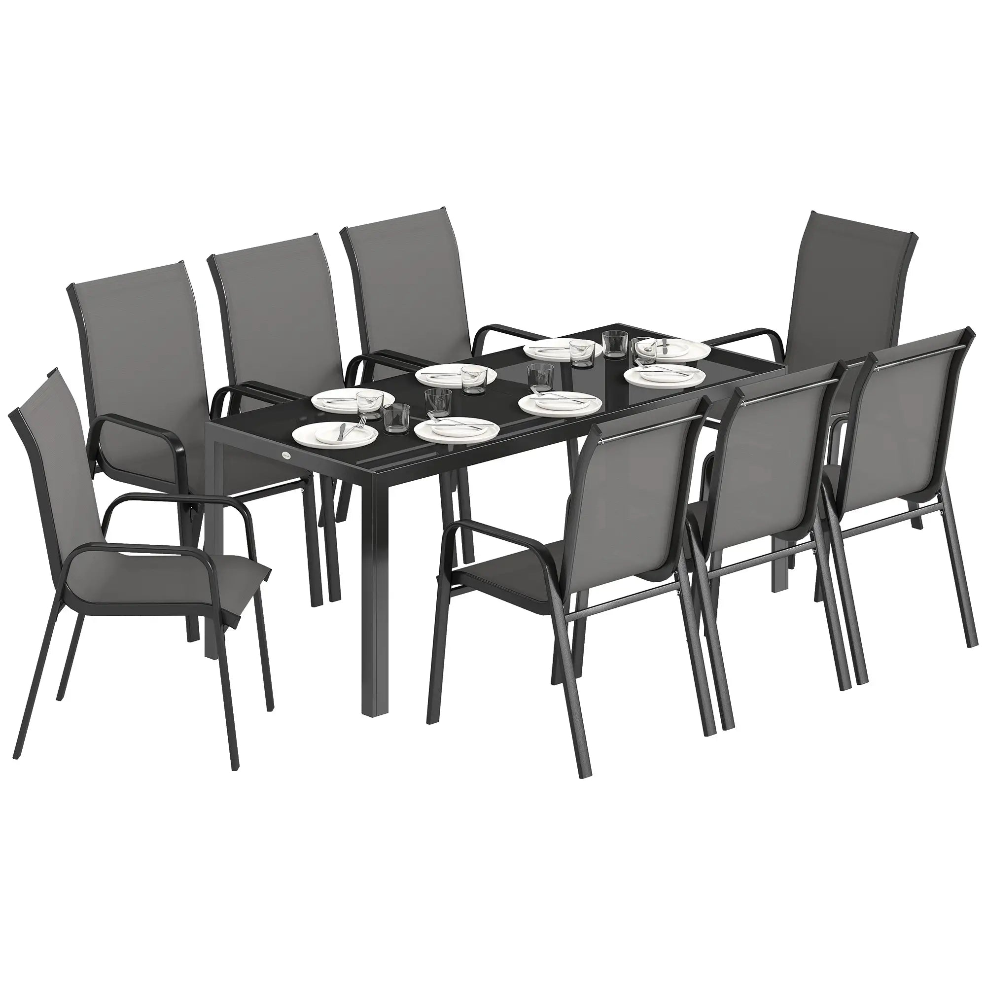 9-Piece Patio Dining Set, Glass Top Table, Stackable Chairs, Dark Grey Outdoor Dining Sets at Gallery Canada