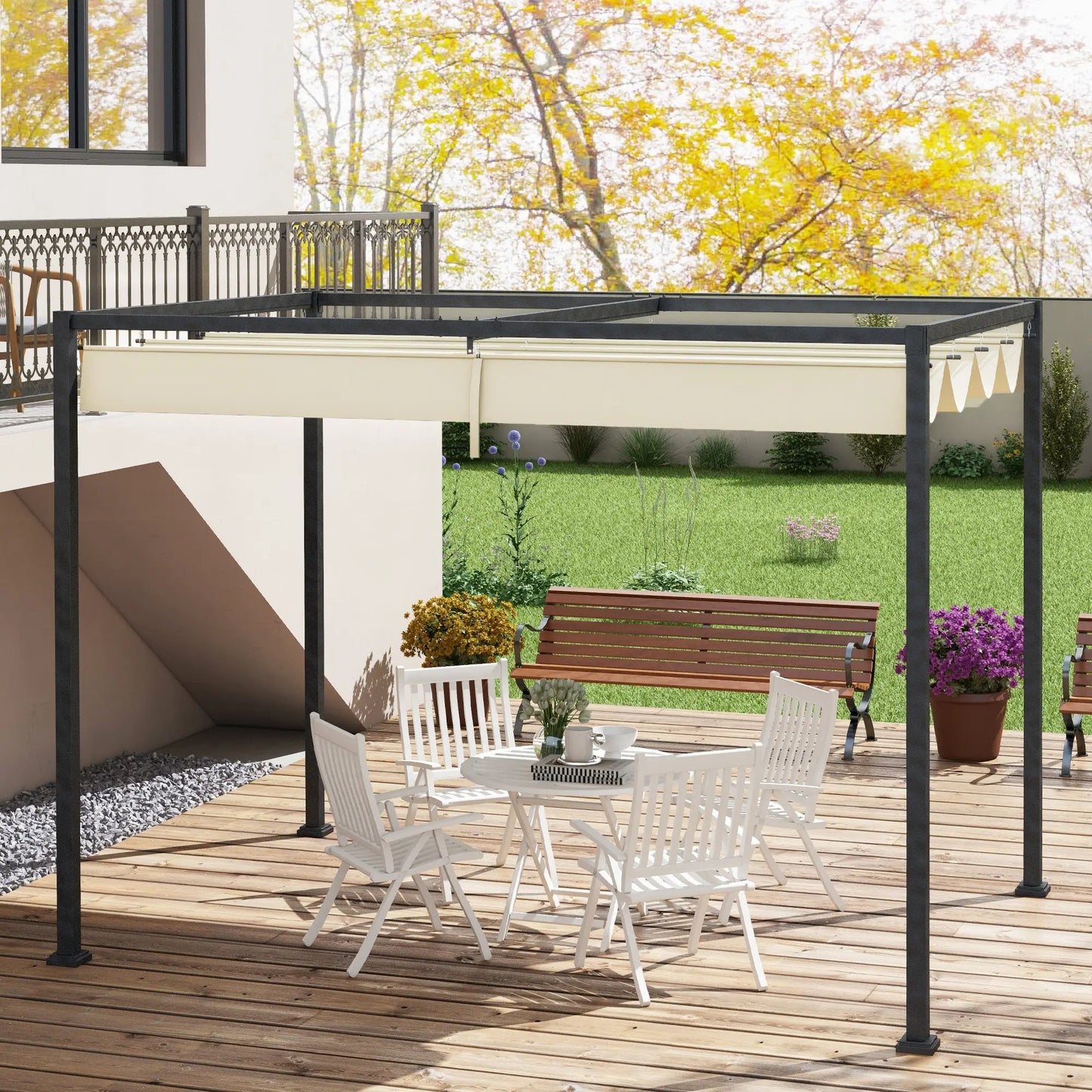 10' x 7' Patio Pergola, Retractable Canopy, Outdoor Sun Shelter, Cream White Pergolas at Gallery Canada